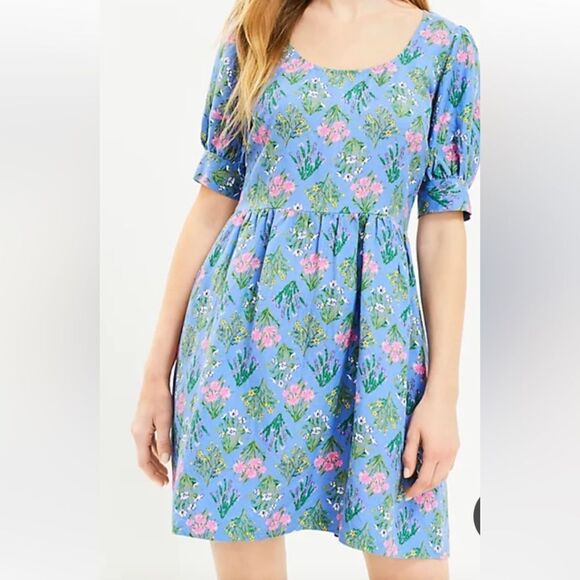 The Loft Floral‎ U-Neck Puff Sleeve Dress Blue/Floral 6 Petite NWT - Picture 1 of 5
